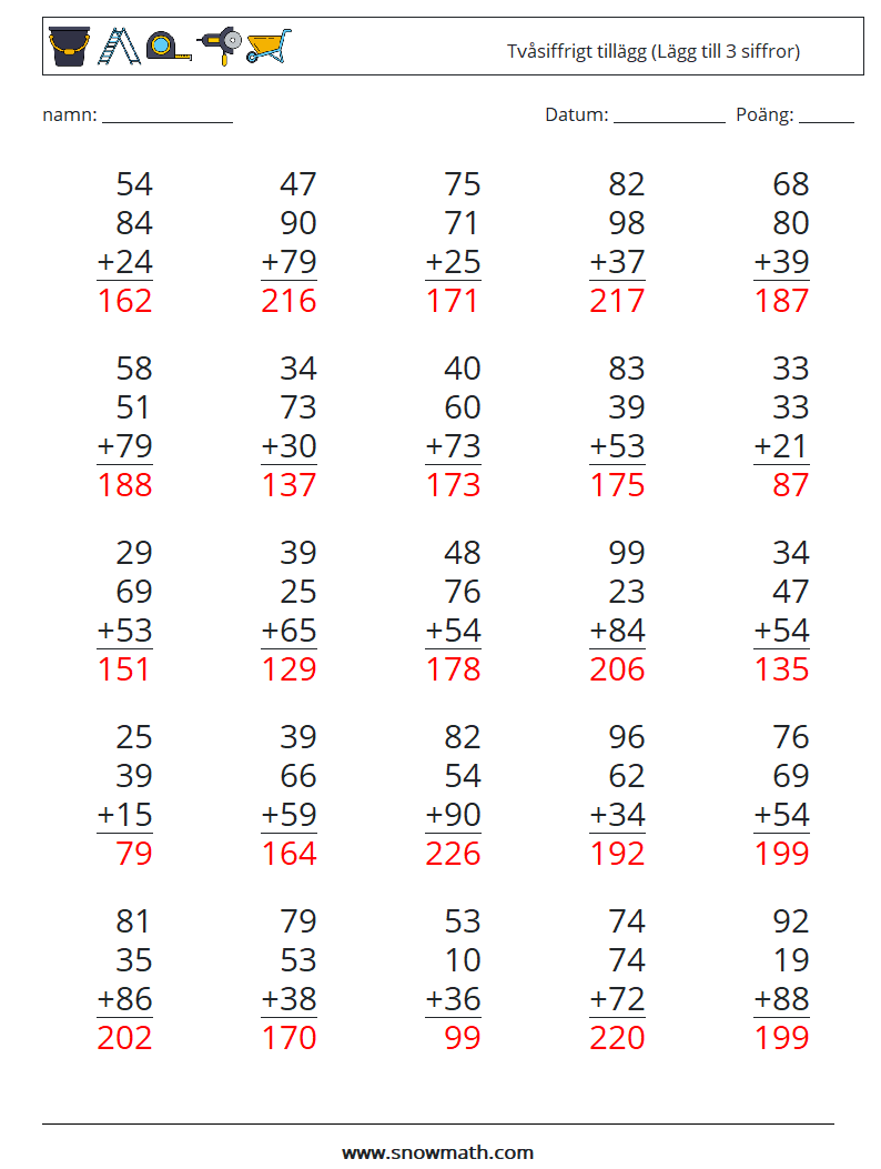 (25) Tvåsiffrigt tillägg (Lägg till 3 siffror) Matematiska arbetsblad 2 Fråga, svar