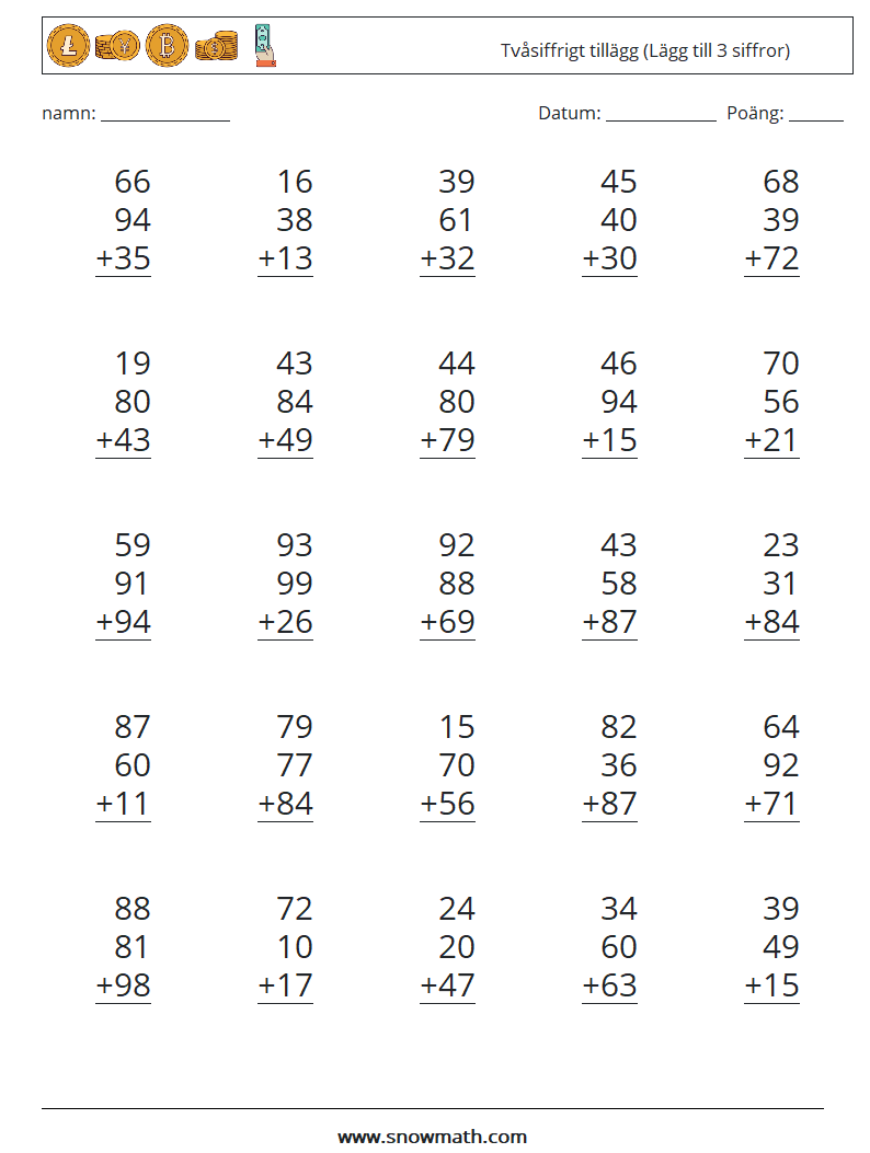 (25) Tvåsiffrigt tillägg (Lägg till 3 siffror) Matematiska arbetsblad 3