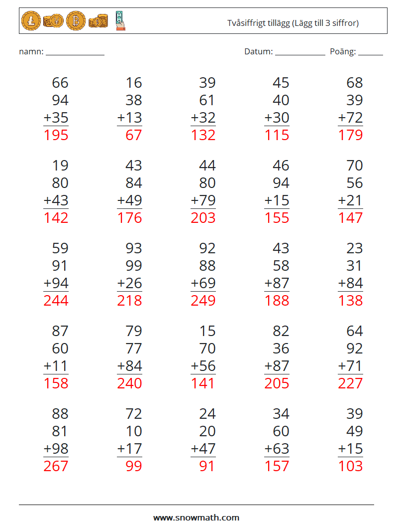 (25) Tvåsiffrigt tillägg (Lägg till 3 siffror) Matematiska arbetsblad 3 Fråga, svar