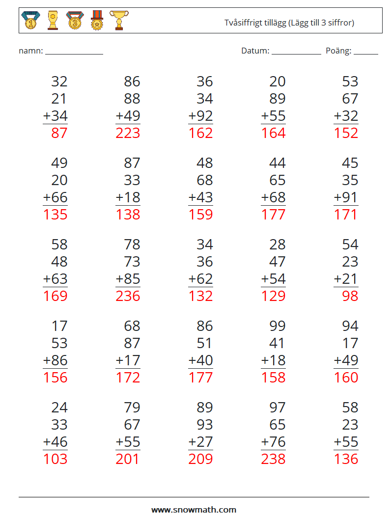 (25) Tvåsiffrigt tillägg (Lägg till 3 siffror) Matematiska arbetsblad 4 Fråga, svar