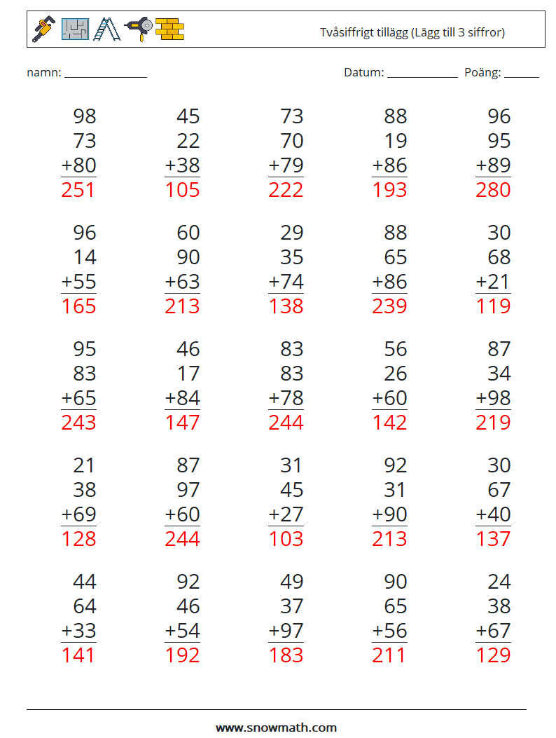 (25) Tvåsiffrigt tillägg (Lägg till 3 siffror) Matematiska arbetsblad 5 Fråga, svar