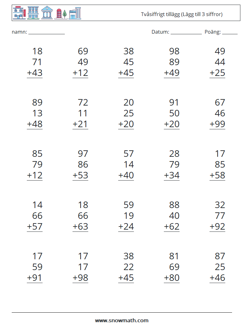 (25) Tvåsiffrigt tillägg (Lägg till 3 siffror) Matematiska arbetsblad 6