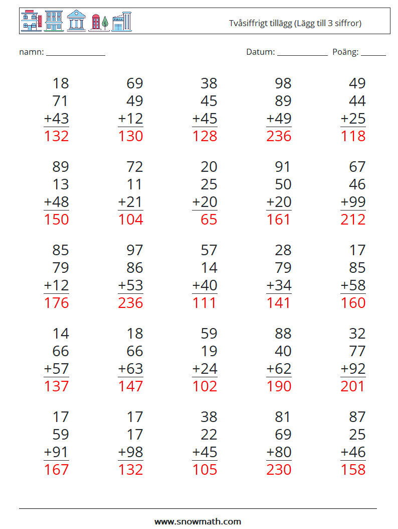 (25) Tvåsiffrigt tillägg (Lägg till 3 siffror) Matematiska arbetsblad 6 Fråga, svar