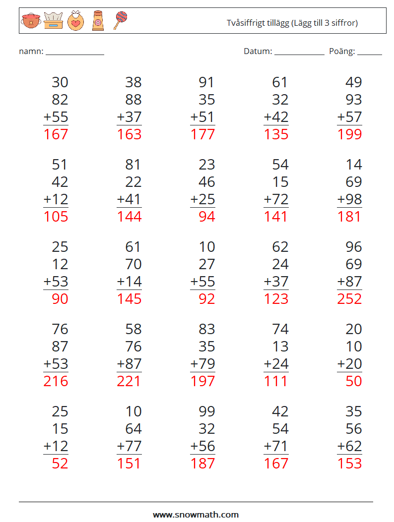 (25) Tvåsiffrigt tillägg (Lägg till 3 siffror) Matematiska arbetsblad 7 Fråga, svar