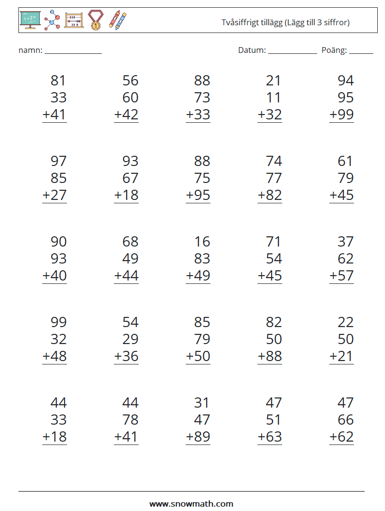 (25) Tvåsiffrigt tillägg (Lägg till 3 siffror) Matematiska arbetsblad 8