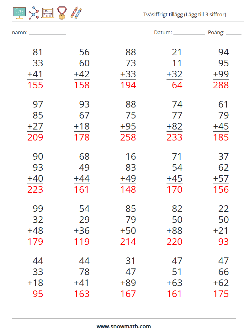 (25) Tvåsiffrigt tillägg (Lägg till 3 siffror) Matematiska arbetsblad 8 Fråga, svar