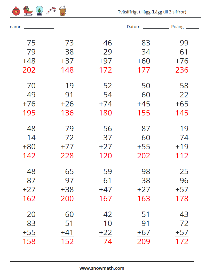 (25) Tvåsiffrigt tillägg (Lägg till 3 siffror) Matematiska arbetsblad 9 Fråga, svar