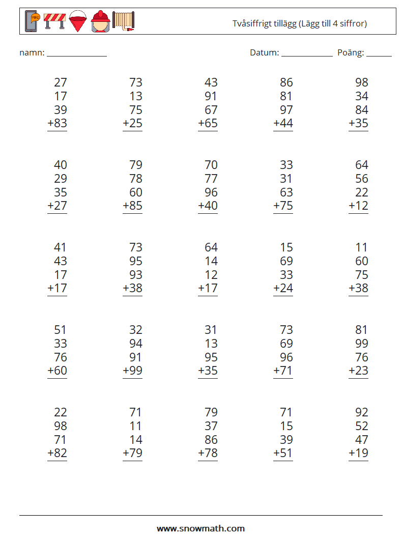 (25) Tvåsiffrigt tillägg (Lägg till 4 siffror) Matematiska arbetsblad 1