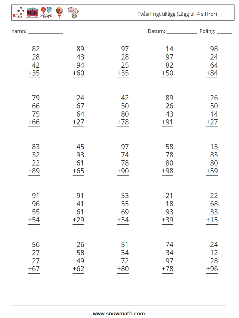 (25) Tvåsiffrigt tillägg (Lägg till 4 siffror) Matematiska arbetsblad 10