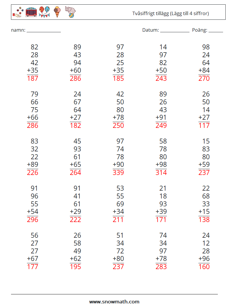 (25) Tvåsiffrigt tillägg (Lägg till 4 siffror) Matematiska arbetsblad 10 Fråga, svar