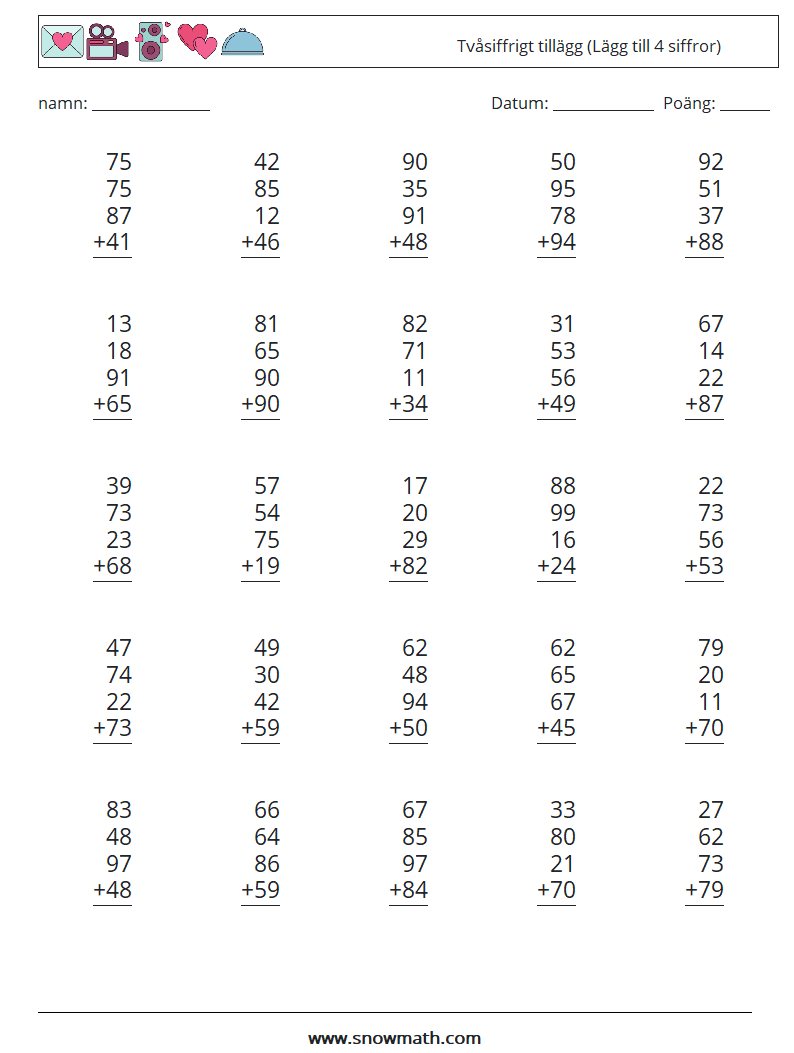 (25) Tvåsiffrigt tillägg (Lägg till 4 siffror) Matematiska arbetsblad 11