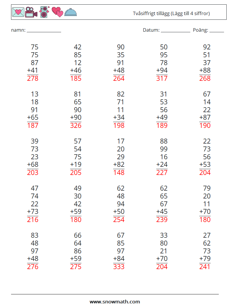 (25) Tvåsiffrigt tillägg (Lägg till 4 siffror) Matematiska arbetsblad 11 Fråga, svar