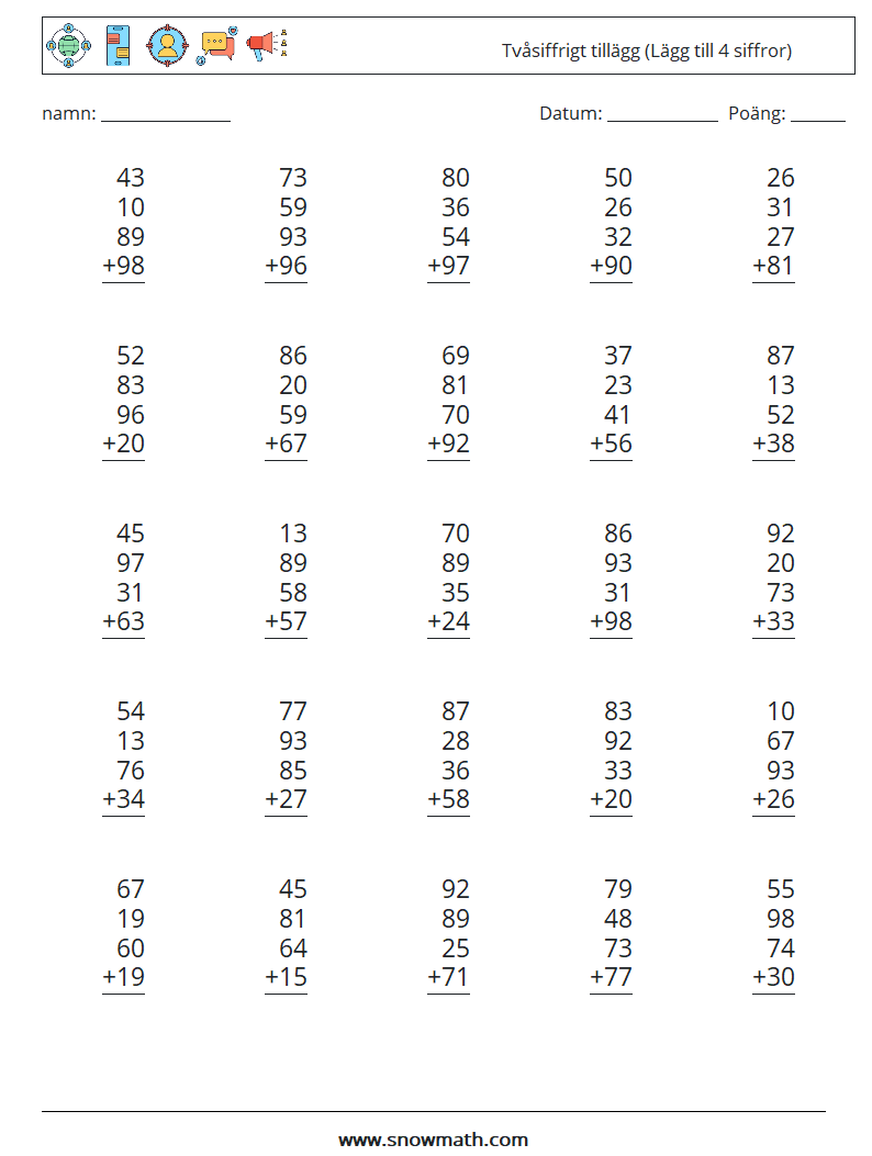 (25) Tvåsiffrigt tillägg (Lägg till 4 siffror) Matematiska arbetsblad 12