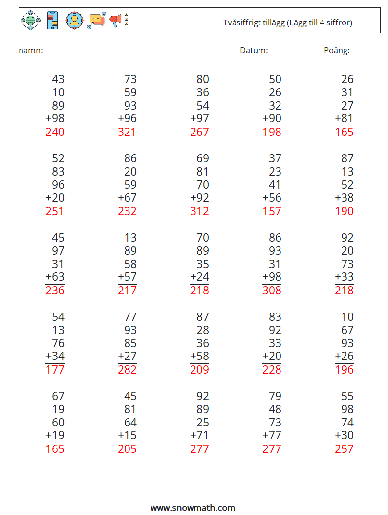 (25) Tvåsiffrigt tillägg (Lägg till 4 siffror) Matematiska arbetsblad 12 Fråga, svar