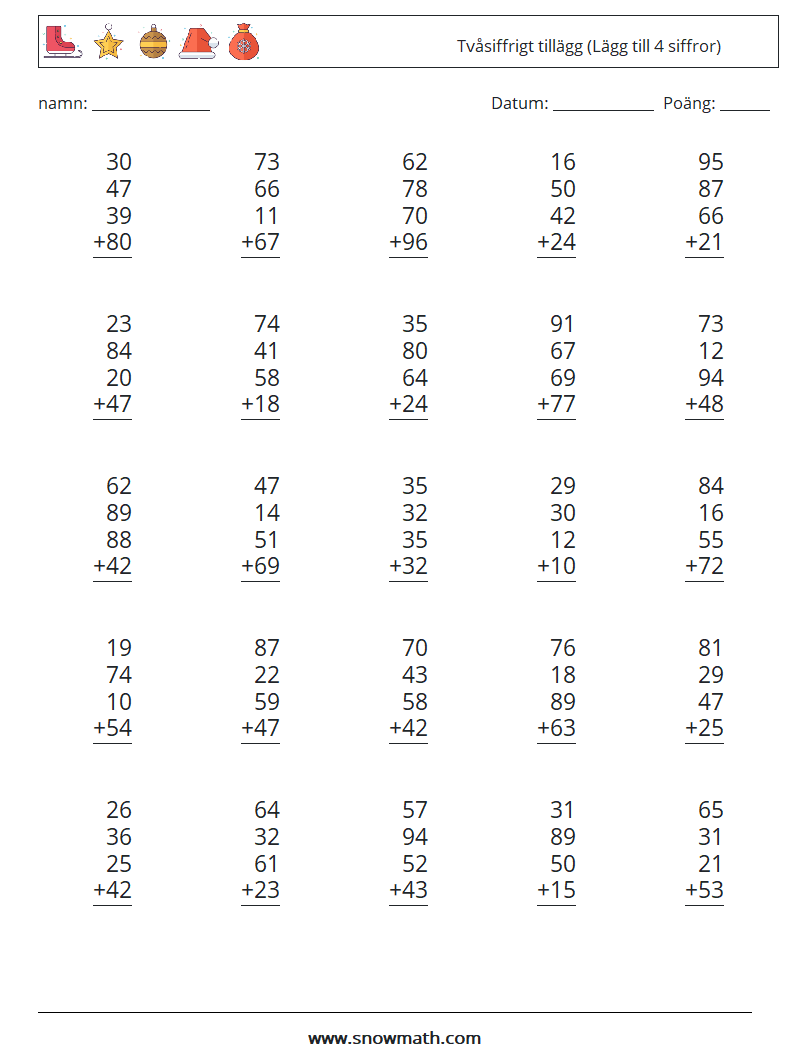 (25) Tvåsiffrigt tillägg (Lägg till 4 siffror) Matematiska arbetsblad 13