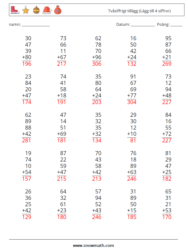 (25) Tvåsiffrigt tillägg (Lägg till 4 siffror) Matematiska arbetsblad 13 Fråga, svar