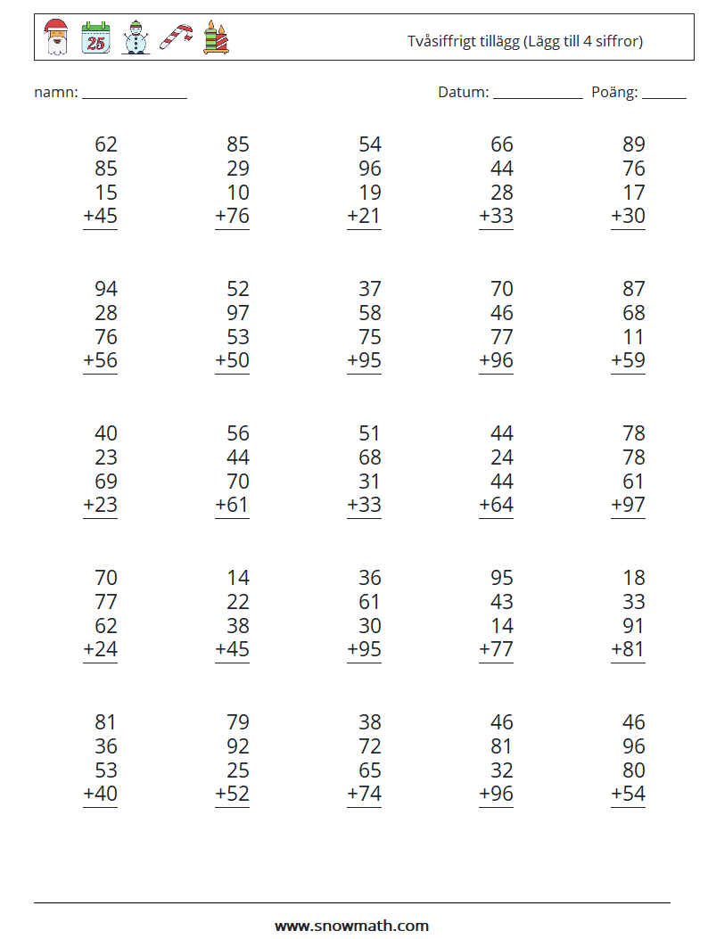 (25) Tvåsiffrigt tillägg (Lägg till 4 siffror) Matematiska arbetsblad 14