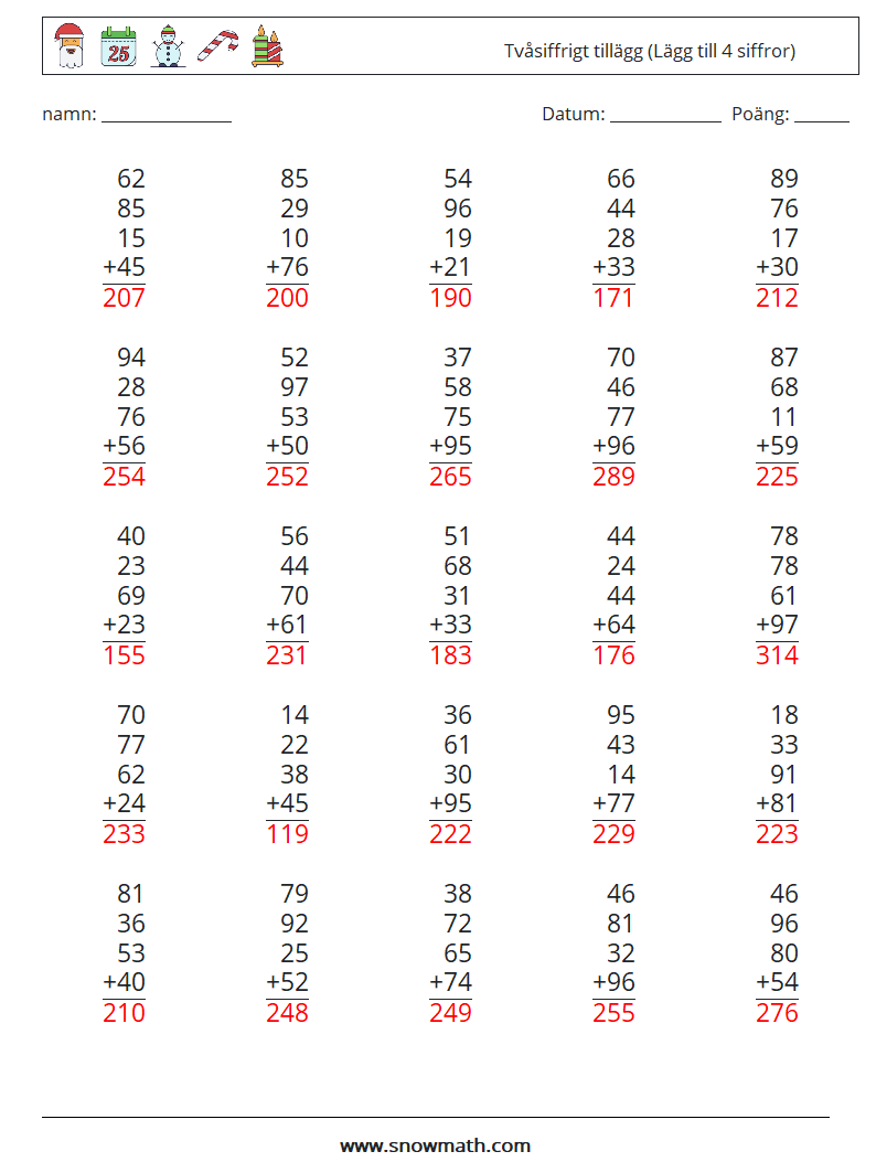 (25) Tvåsiffrigt tillägg (Lägg till 4 siffror) Matematiska arbetsblad 14 Fråga, svar