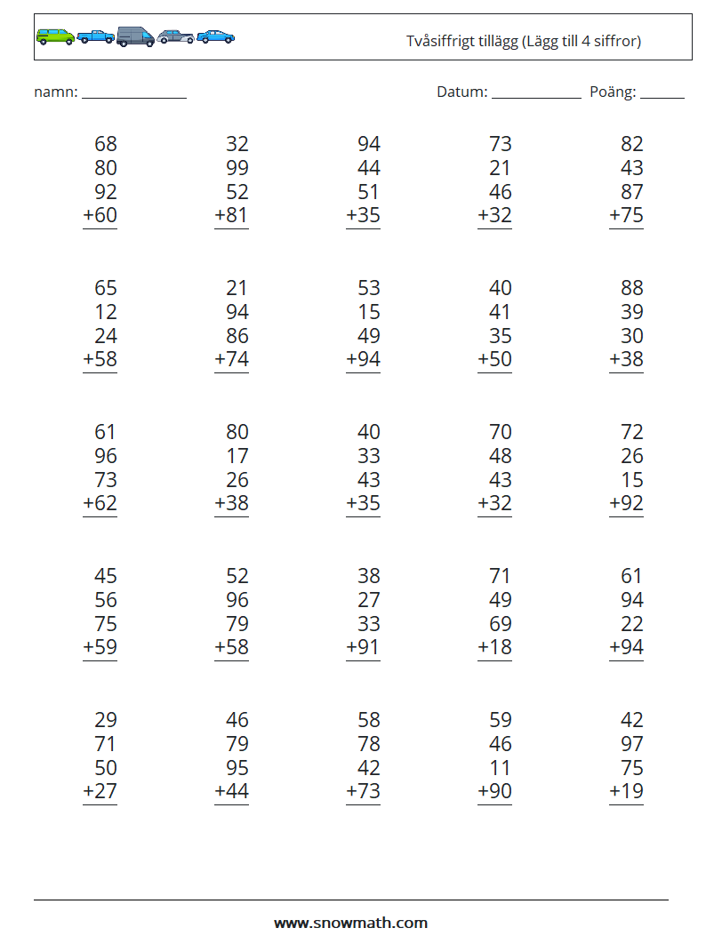 (25) Tvåsiffrigt tillägg (Lägg till 4 siffror) Matematiska arbetsblad 16