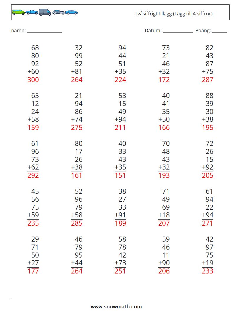 (25) Tvåsiffrigt tillägg (Lägg till 4 siffror) Matematiska arbetsblad 16 Fråga, svar