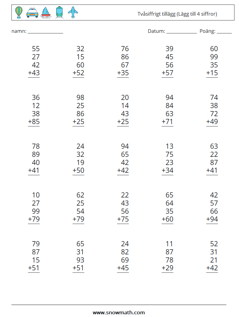 (25) Tvåsiffrigt tillägg (Lägg till 4 siffror) Matematiska arbetsblad 17