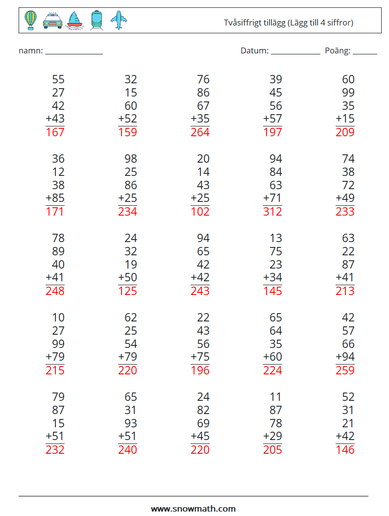 (25) Tvåsiffrigt tillägg (Lägg till 4 siffror) Matematiska arbetsblad 17 Fråga, svar