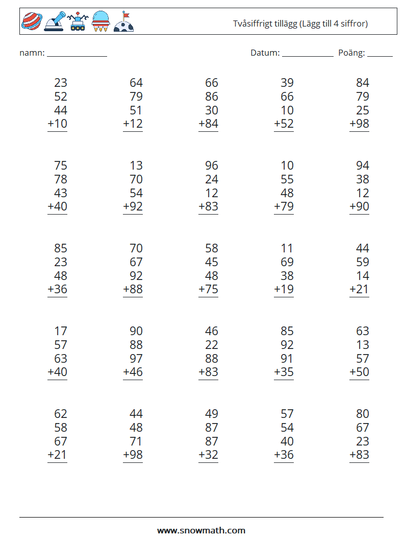 (25) Tvåsiffrigt tillägg (Lägg till 4 siffror) Matematiska arbetsblad 18