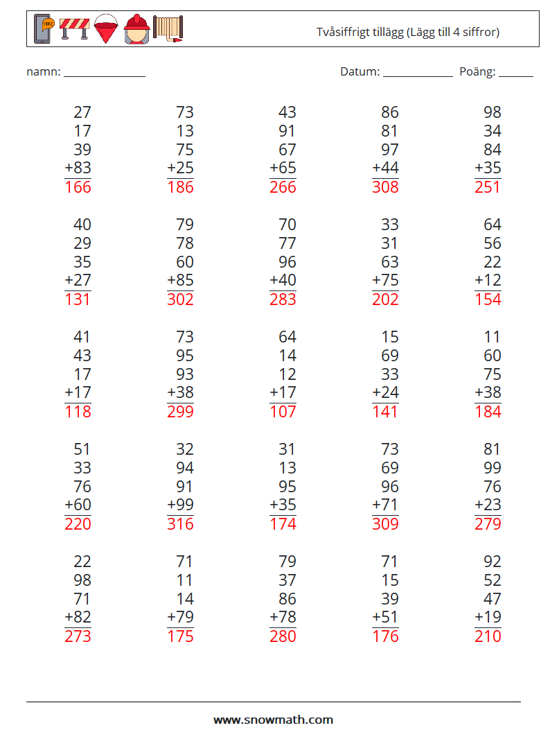 (25) Tvåsiffrigt tillägg (Lägg till 4 siffror) Matematiska arbetsblad 1 Fråga, svar