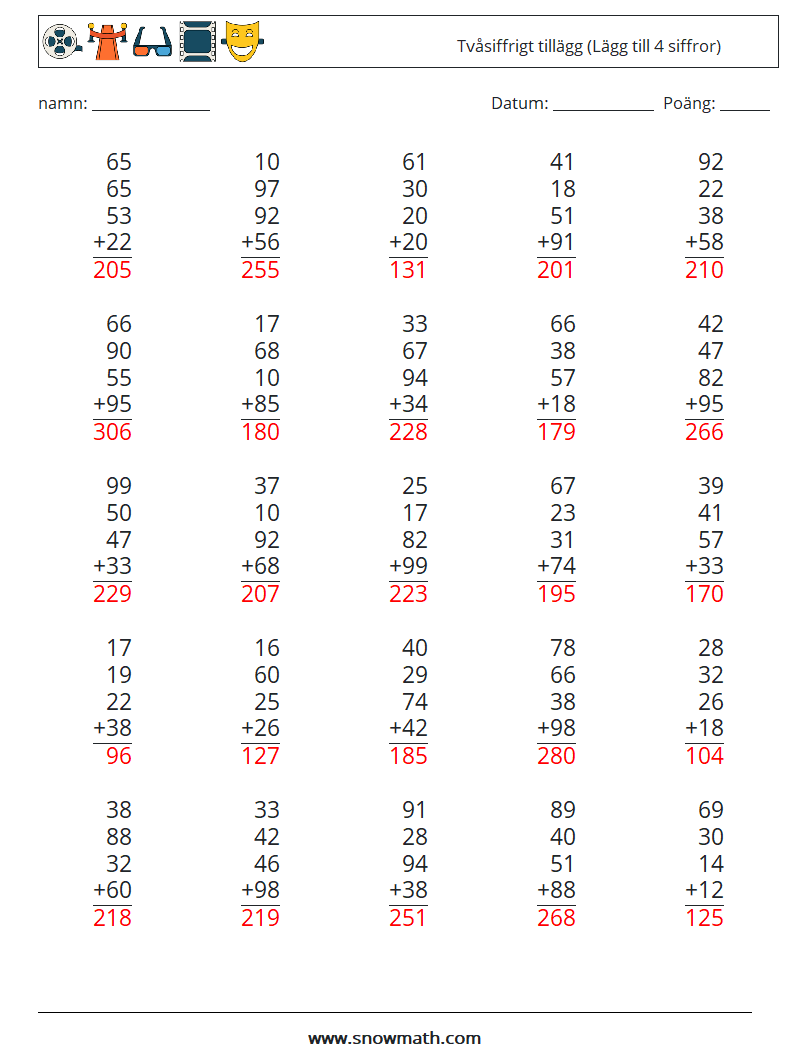 (25) Tvåsiffrigt tillägg (Lägg till 4 siffror) Matematiska arbetsblad 2 Fråga, svar