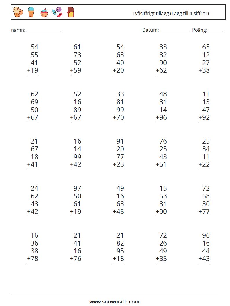 (25) Tvåsiffrigt tillägg (Lägg till 4 siffror) Matematiska arbetsblad 3