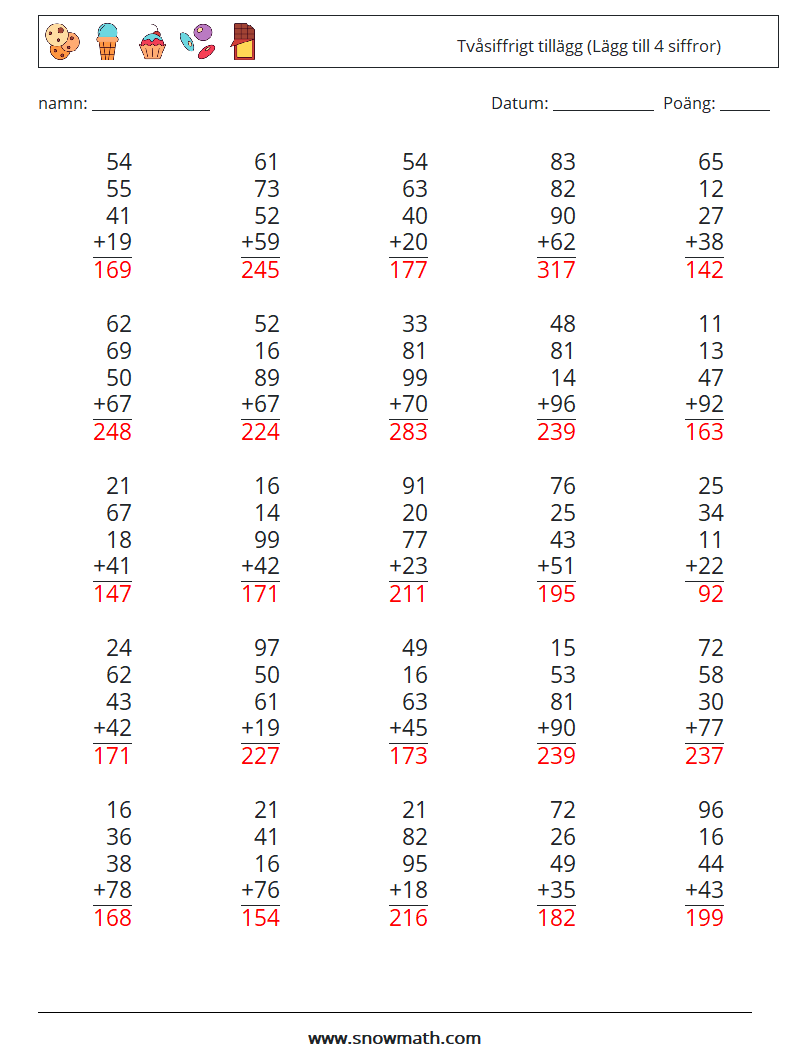 (25) Tvåsiffrigt tillägg (Lägg till 4 siffror) Matematiska arbetsblad 3 Fråga, svar