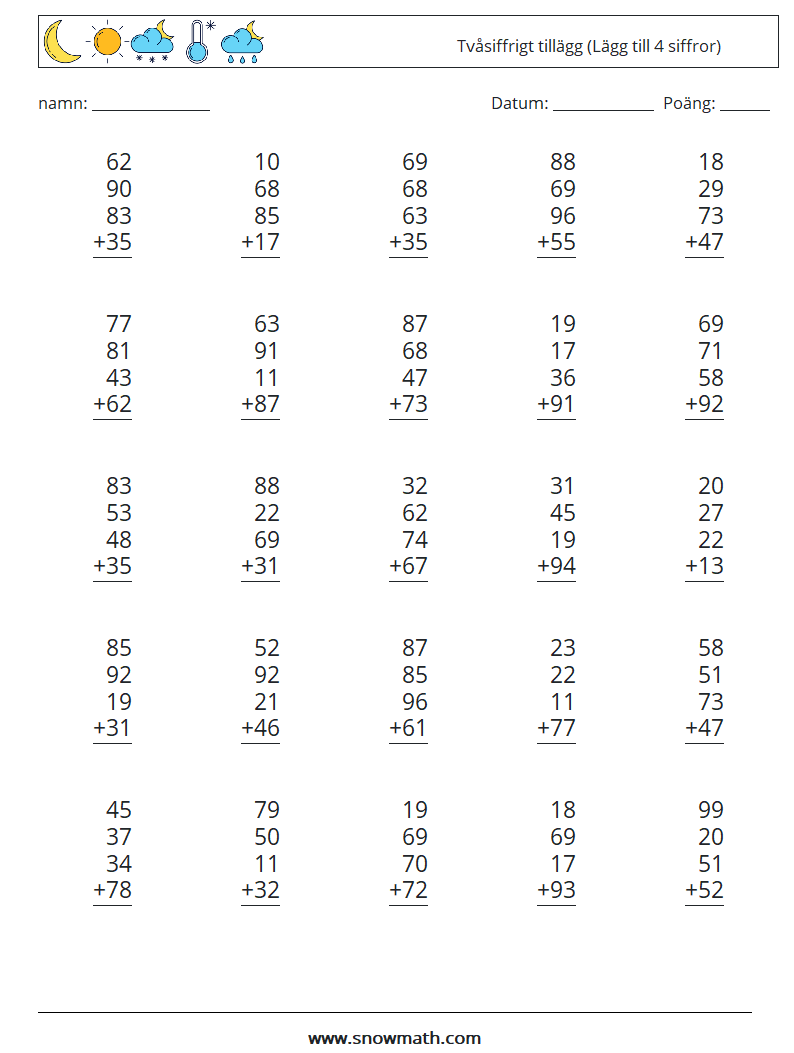 (25) Tvåsiffrigt tillägg (Lägg till 4 siffror) Matematiska arbetsblad 4