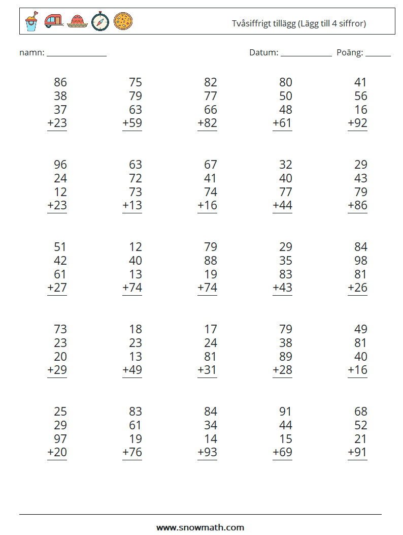 (25) Tvåsiffrigt tillägg (Lägg till 4 siffror) Matematiska arbetsblad 5