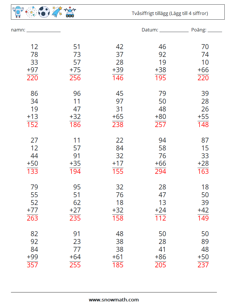 (25) Tvåsiffrigt tillägg (Lägg till 4 siffror) Matematiska arbetsblad 6 Fråga, svar