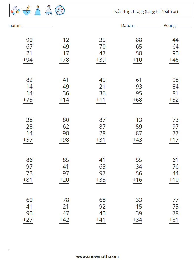 (25) Tvåsiffrigt tillägg (Lägg till 4 siffror) Matematiska arbetsblad 7