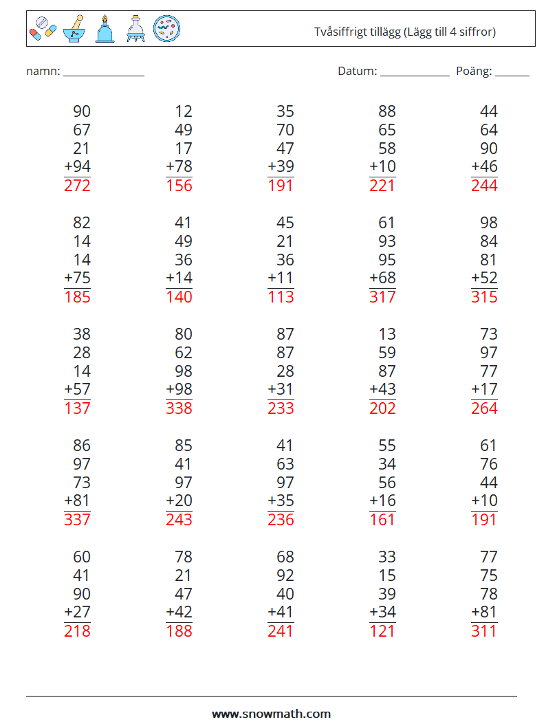 (25) Tvåsiffrigt tillägg (Lägg till 4 siffror) Matematiska arbetsblad 7 Fråga, svar