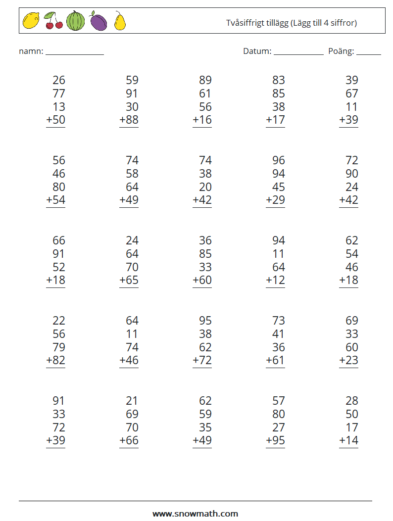 (25) Tvåsiffrigt tillägg (Lägg till 4 siffror) Matematiska arbetsblad 8