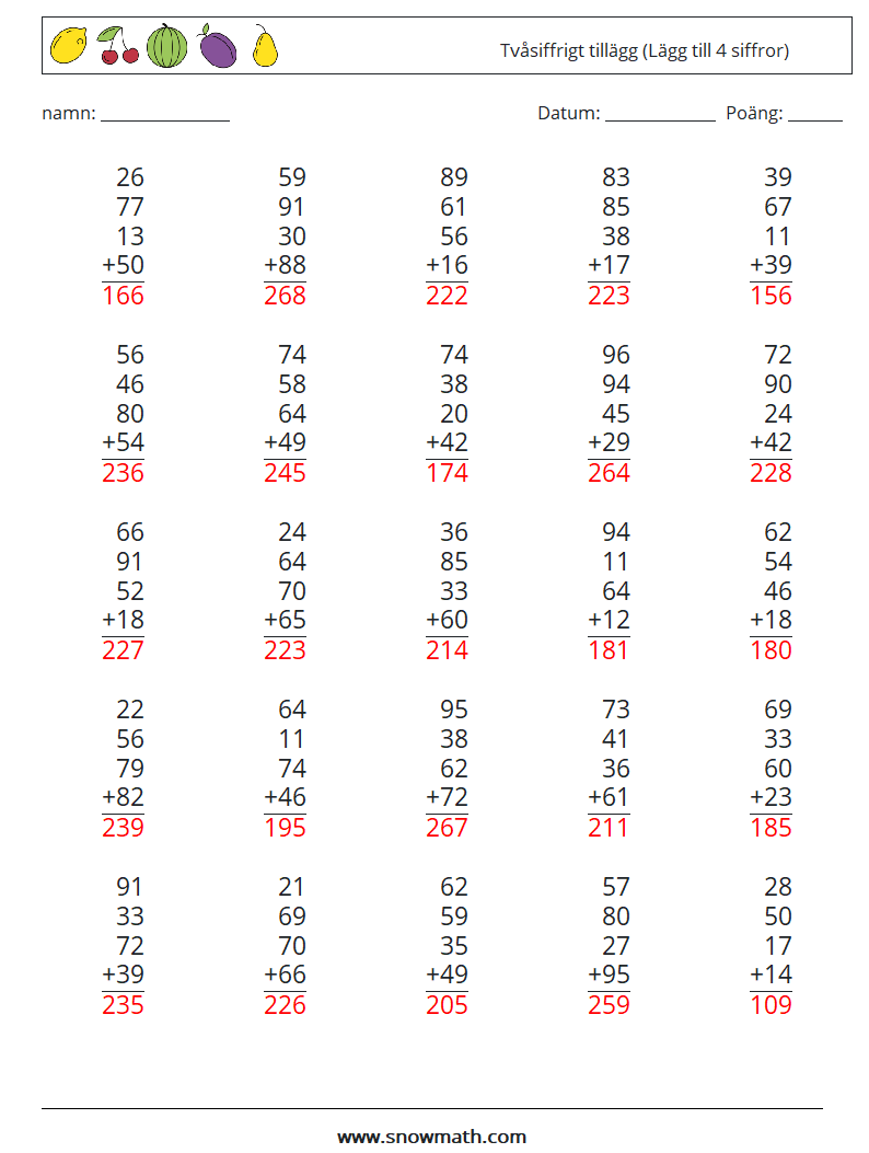 (25) Tvåsiffrigt tillägg (Lägg till 4 siffror) Matematiska arbetsblad 8 Fråga, svar