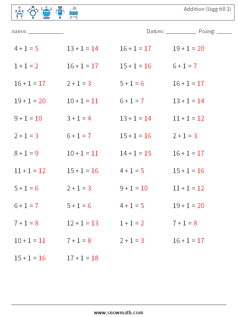 (50) Addition (lägg till 1) Matematiska arbetsblad 1 Fråga, svar