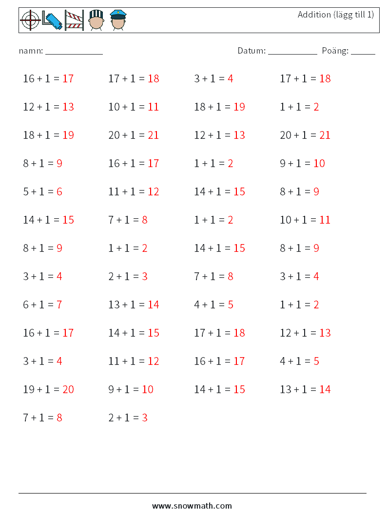 (50) Addition (lägg till 1) Matematiska arbetsblad 2 Fråga, svar