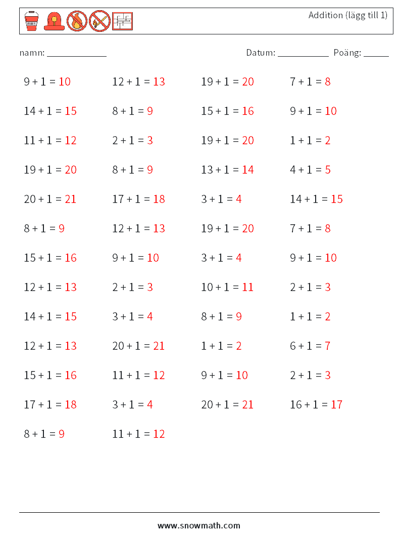 (50) Addition (lägg till 1) Matematiska arbetsblad 3 Fråga, svar