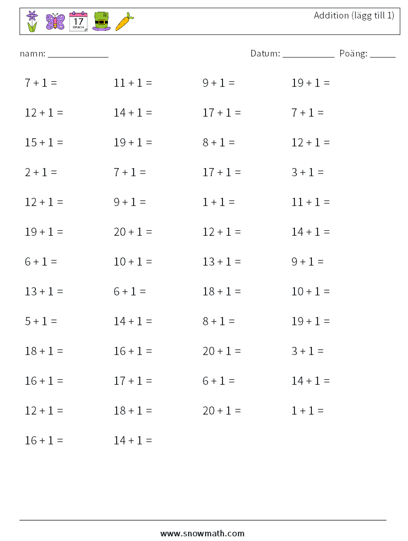 (50) Addition (lägg till 1) Matematiska arbetsblad 6