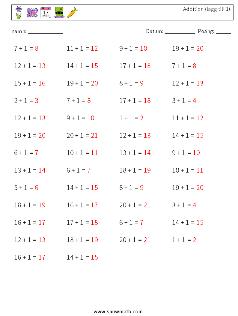 (50) Addition (lägg till 1) Matematiska arbetsblad 6 Fråga, svar