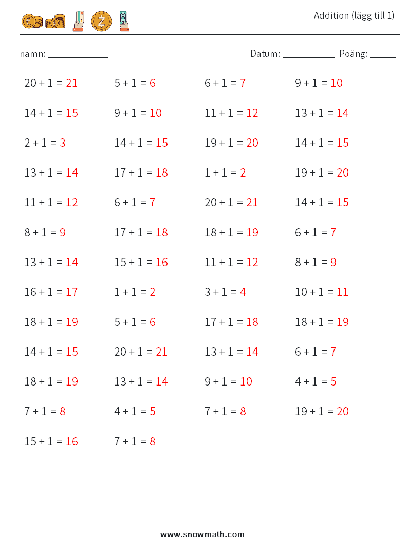 (50) Addition (lägg till 1) Matematiska arbetsblad 7 Fråga, svar