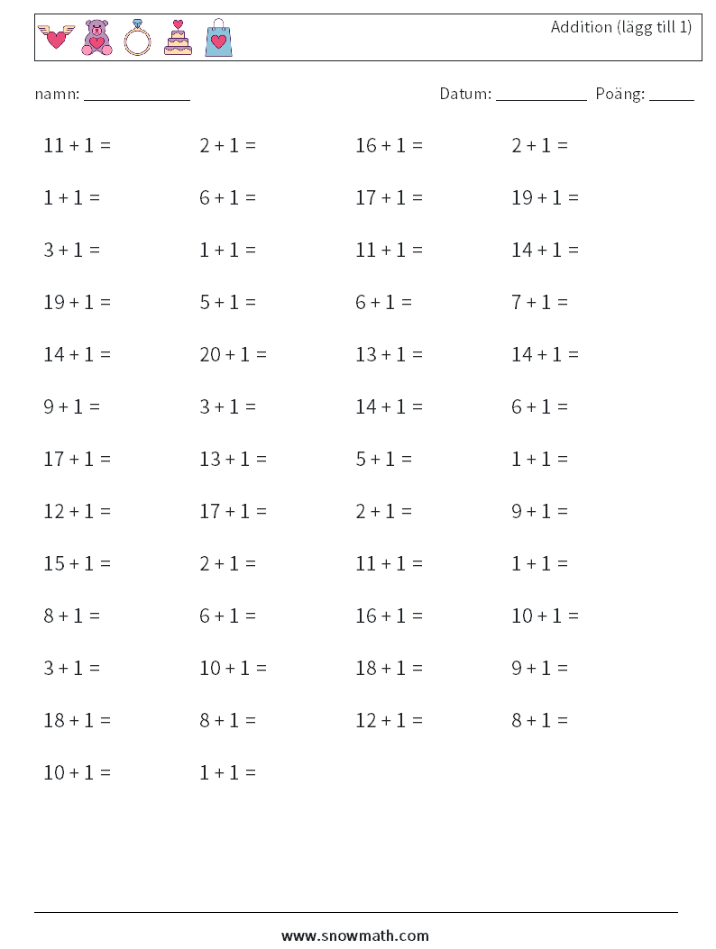 (50) Addition (lägg till 1) Matematiska arbetsblad 8