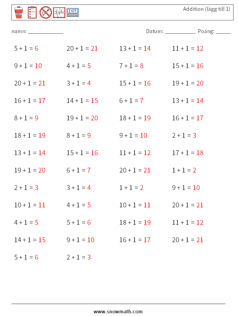 (50) Addition (lägg till 1) Matematiska arbetsblad 9 Fråga, svar