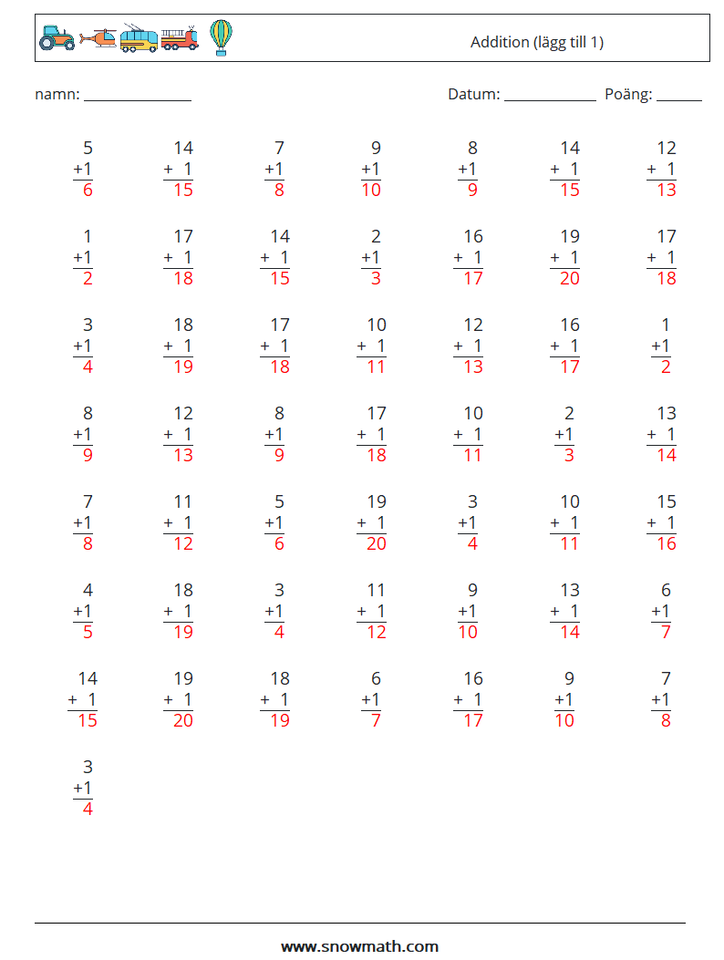 (50) Addition (lägg till 1) Matematiska arbetsblad 15 Fråga, svar