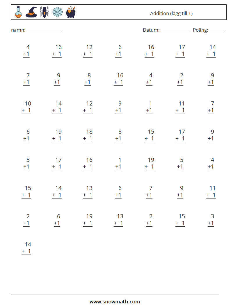 (50) Addition (lägg till 1) Matematiska arbetsblad 16