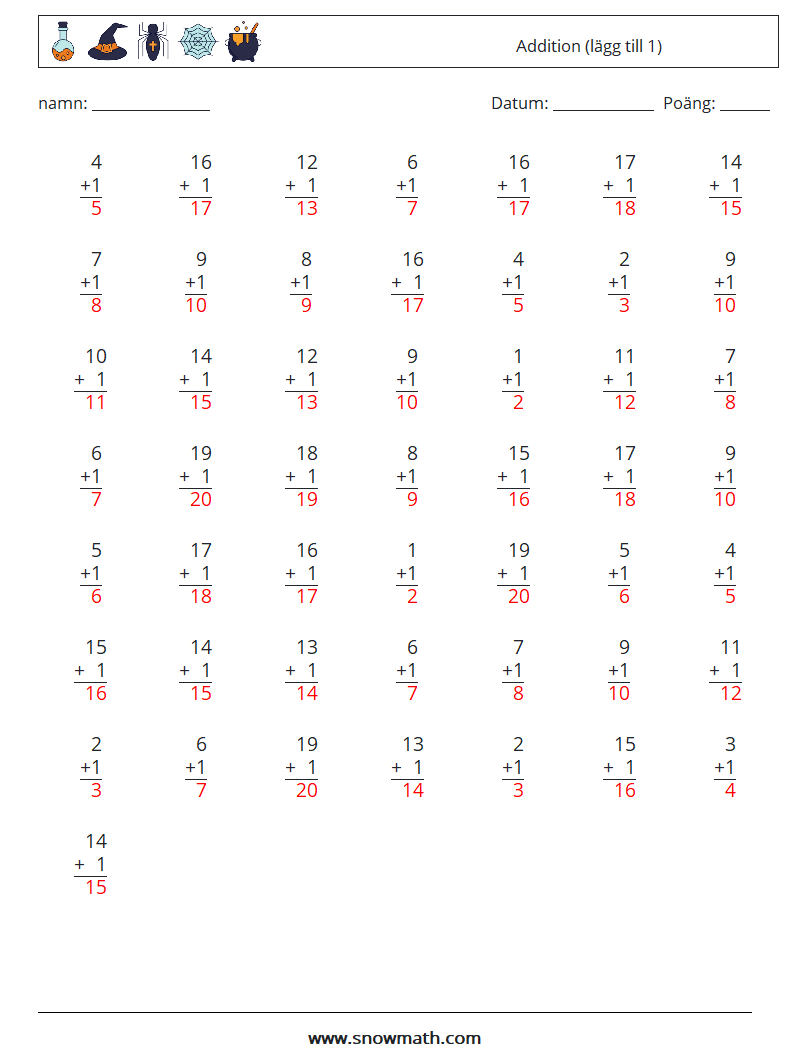 (50) Addition (lägg till 1) Matematiska arbetsblad 16 Fråga, svar