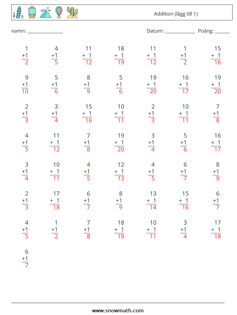 (50) Addition (lägg till 1) Matematiska arbetsblad 17 Fråga, svar